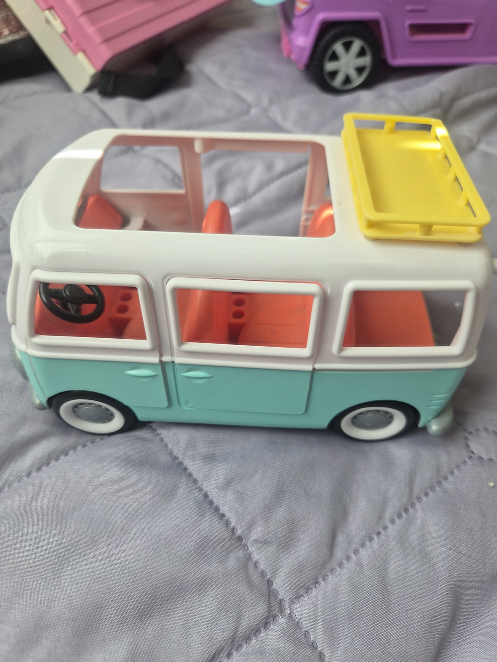 Retro-Style Kids Camper Van Toy - White & Turquoise with Yellow Roof Rack